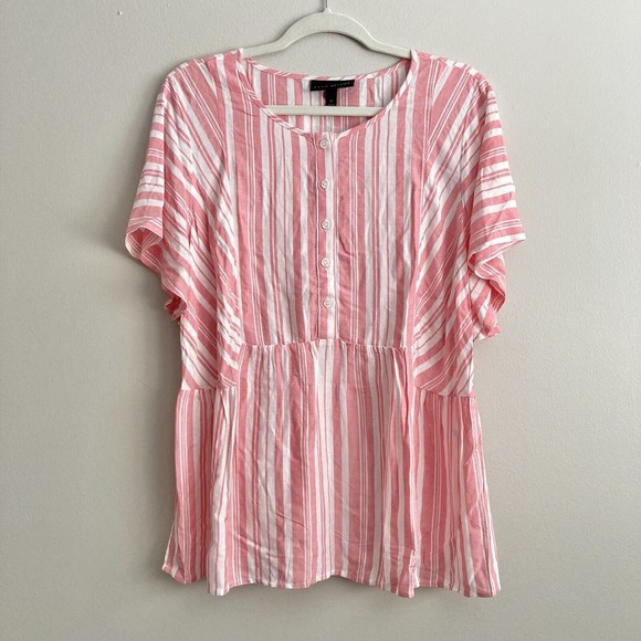 Lane Bryant Pink White Striped Babydoll Blouse Size 12 Button Flowy Short Sleeve - Picture 1 of 9